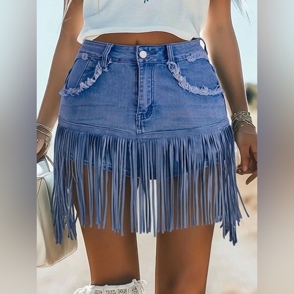 Oyrosy Pants - Oyrosy Vintage Washed Raw Edge Tassel Light Blue Denim Culottes NWT